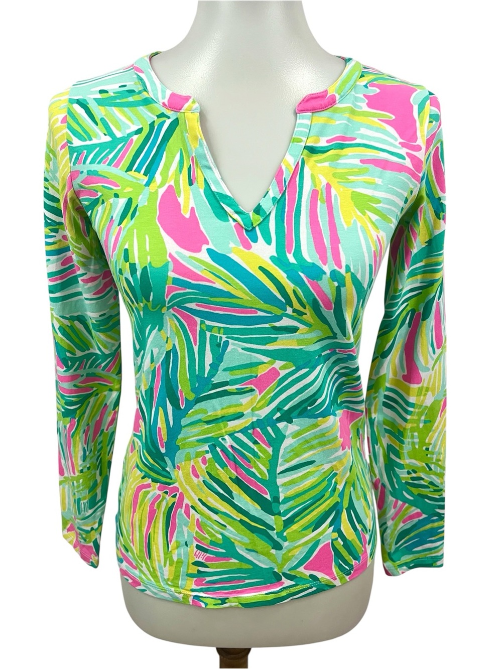Lilly Pulitzer Kayleigh Tropical Storm Palm Leaf Print Long Sleeve V-neck Top